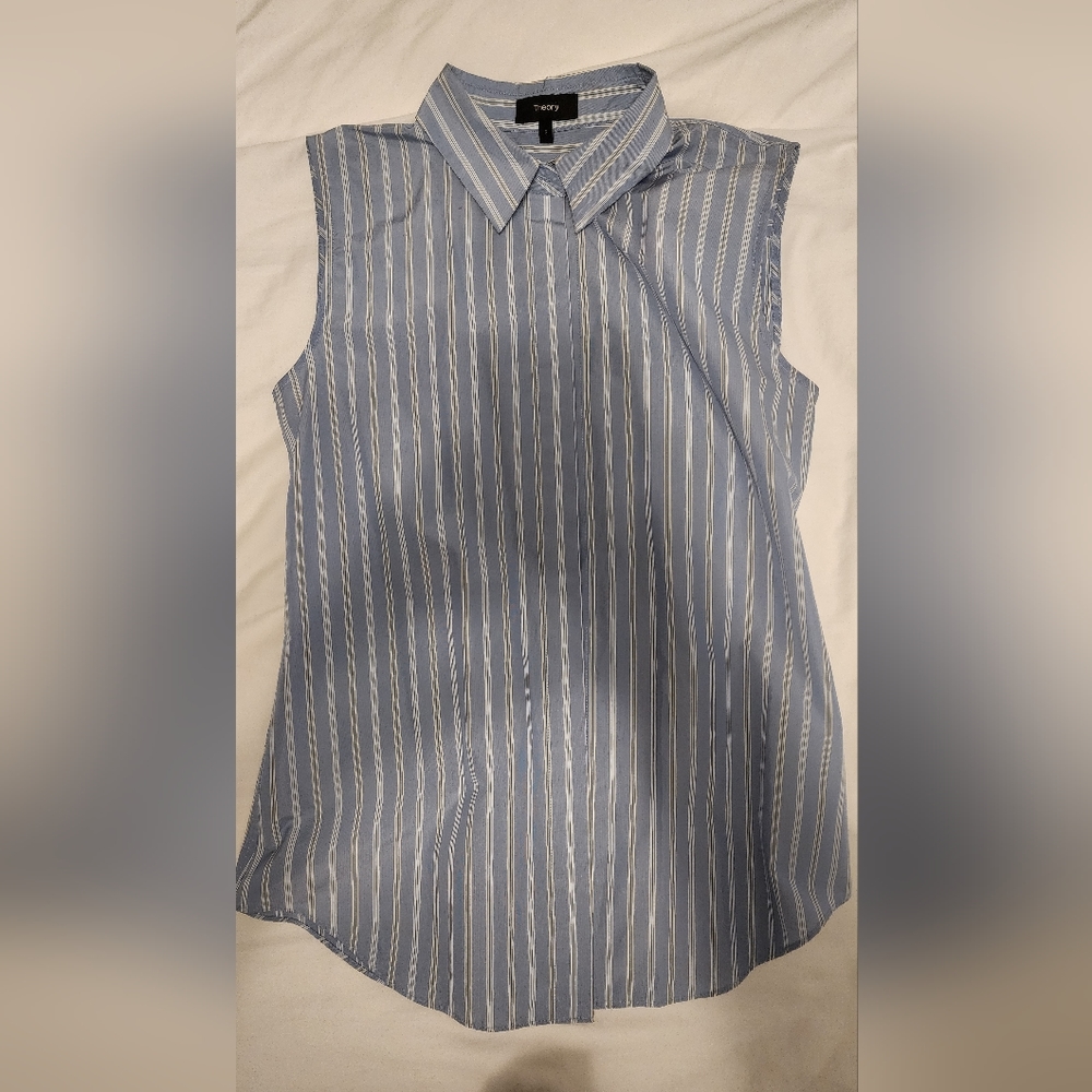 Theory, silk pin striped button up blouse